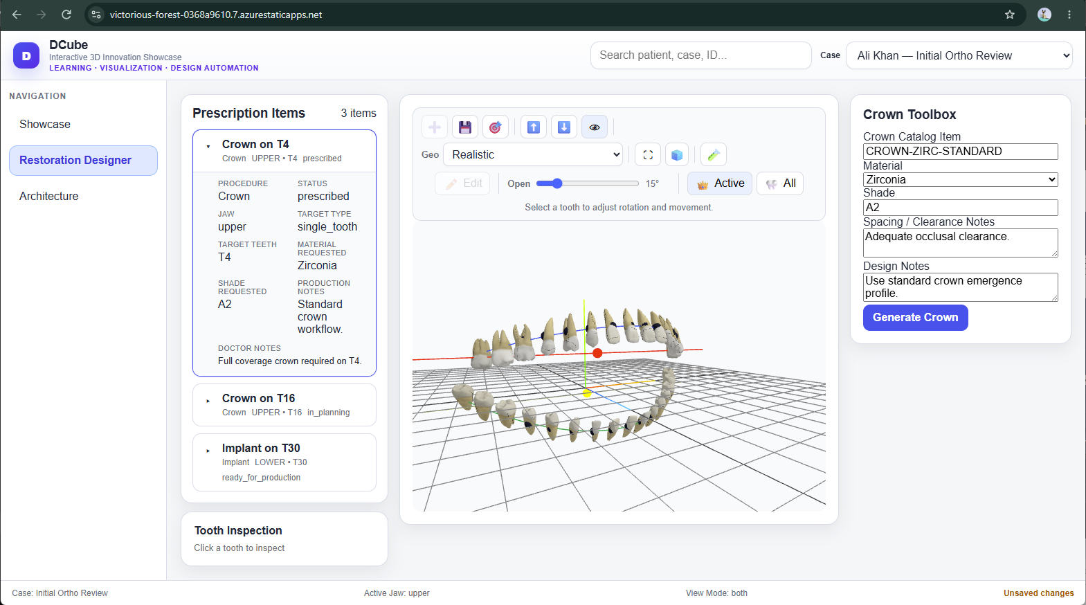 Dental education concept showing a 3D restoration workflow