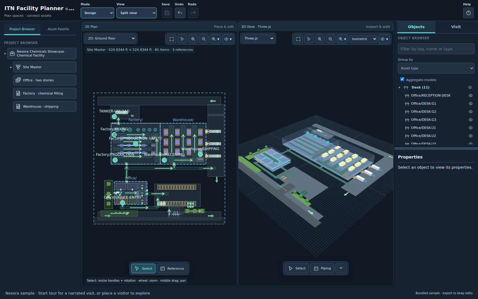 ITN Facility Planner showing a chemical campus in 2D and 3D