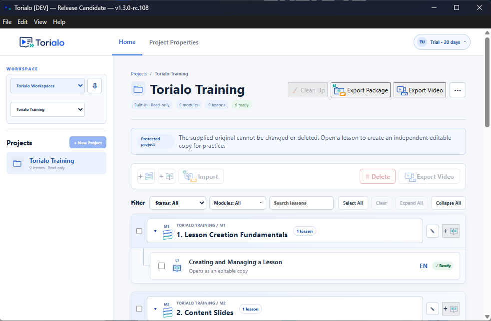 Torialo training project dashboard showing modules and lessons